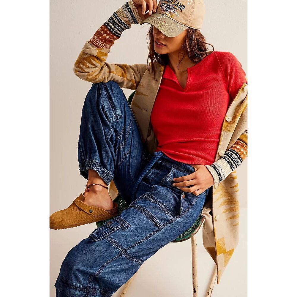 Free People Cozy Craft Cuff Top in Red Combo